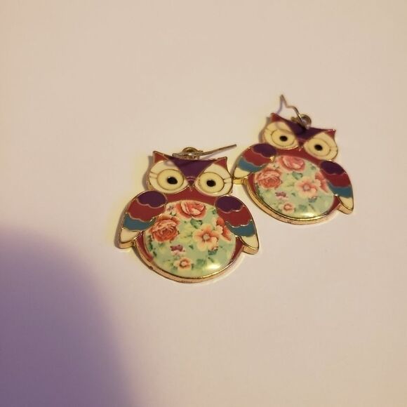 Floral Owl Enamel Earrings - Picture 3 of 3